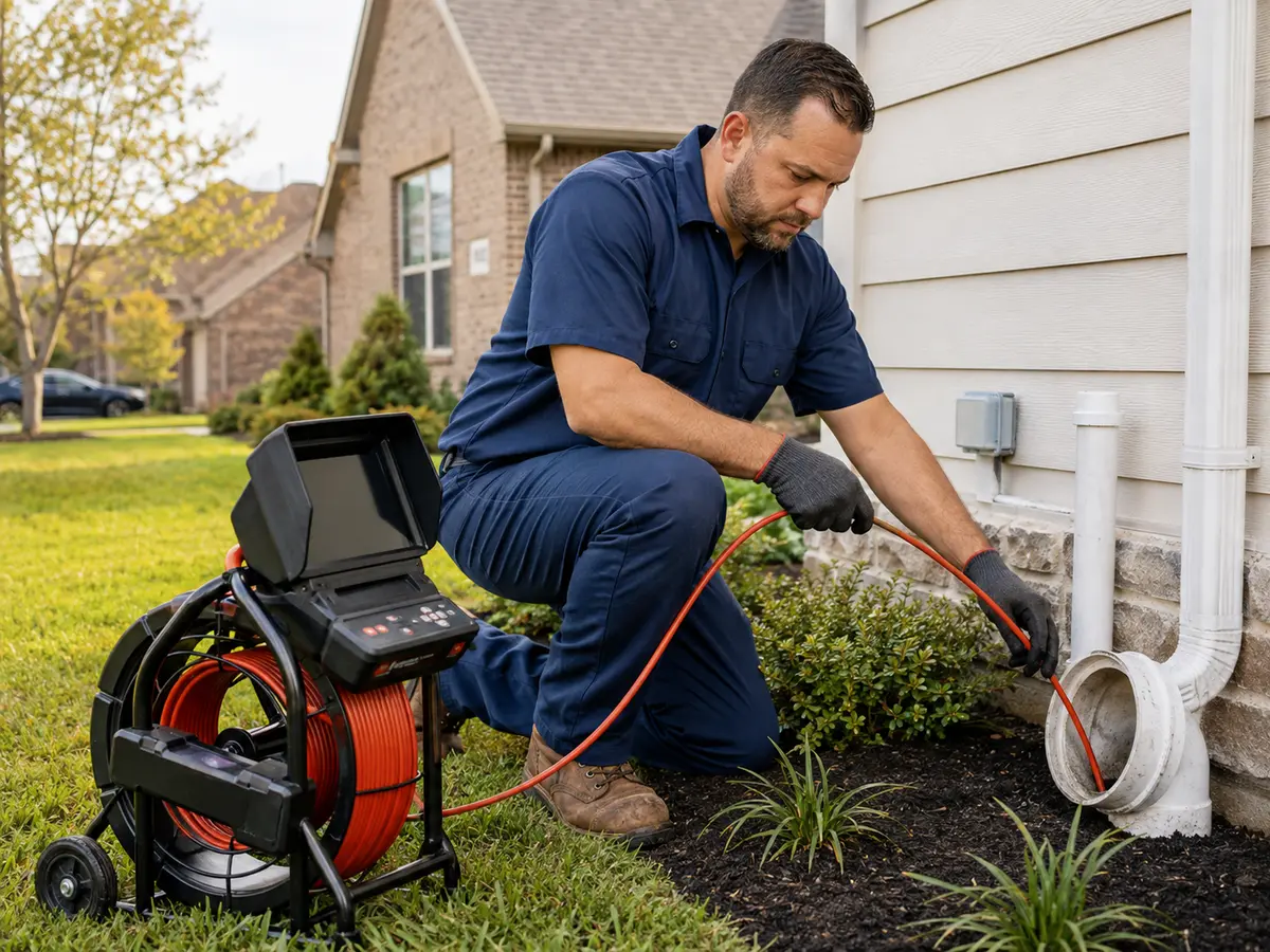 Plumber using a sewer inspection camera outside an Austin-area home